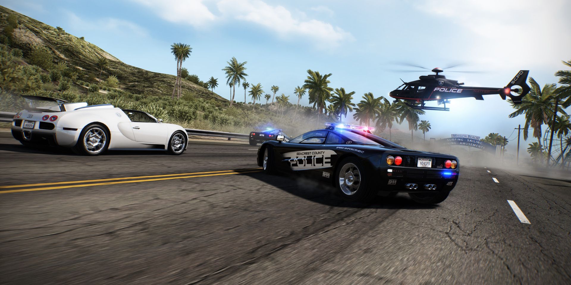 Need for Speed: Hot Pursuit Remastered screenshot of a racing car being chased by cops.