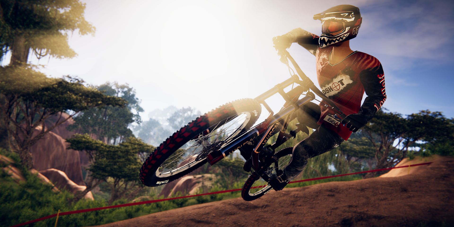 Screenshot of a motorcycle racer pulling off a stunt in Decenders.