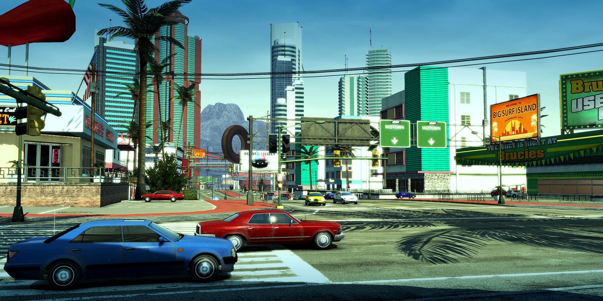 Burnout Paradise Remastered screenshot of two cards driving on a road, next to each other.