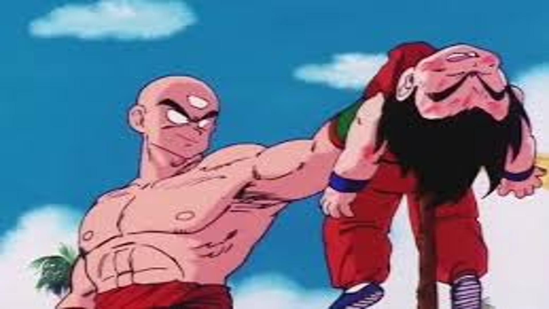 Tien holds Goku by his shirt who is knocked out in Dragon Ball.