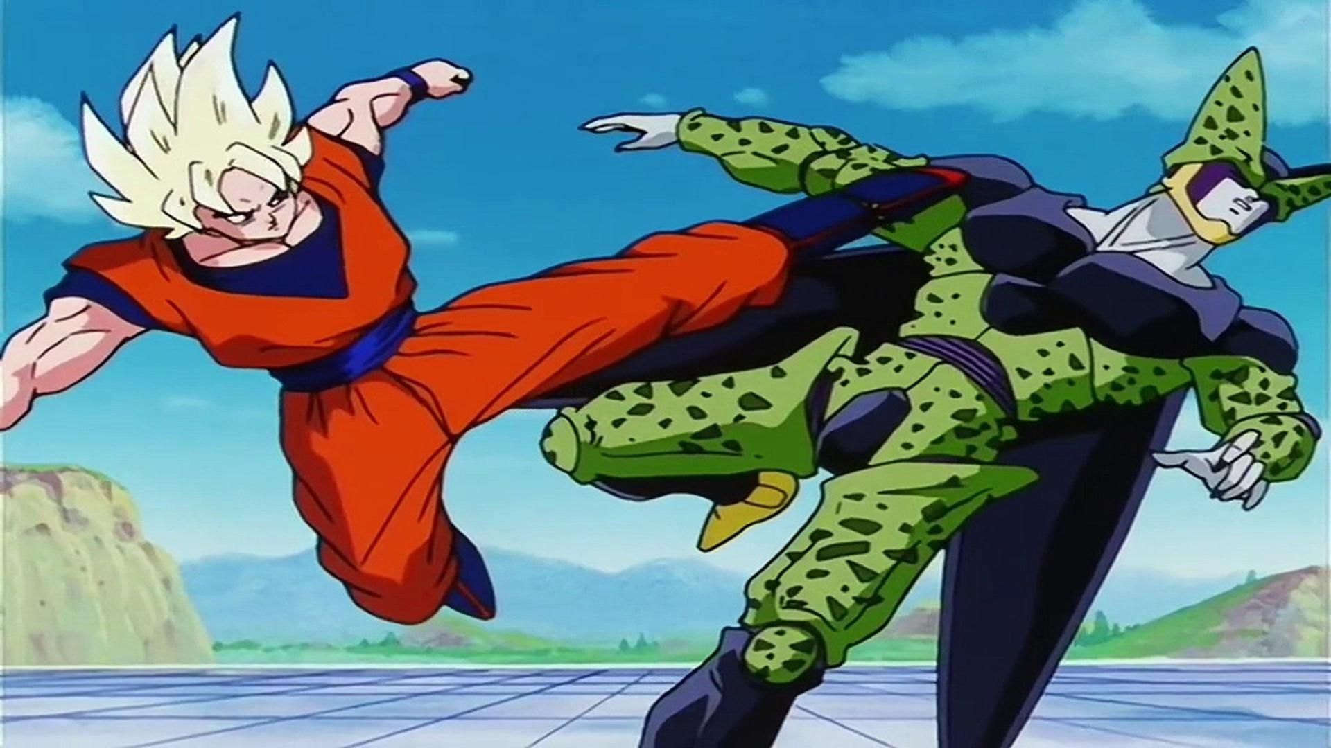 Goku throws a kick at Cell in Dragon Ball Z.