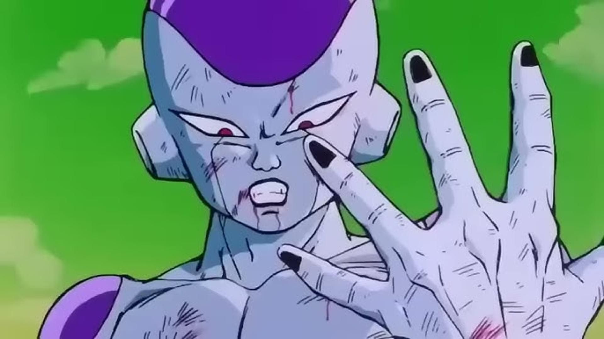 Frieza angry with his hand badly injured in Dragon Ball Z.