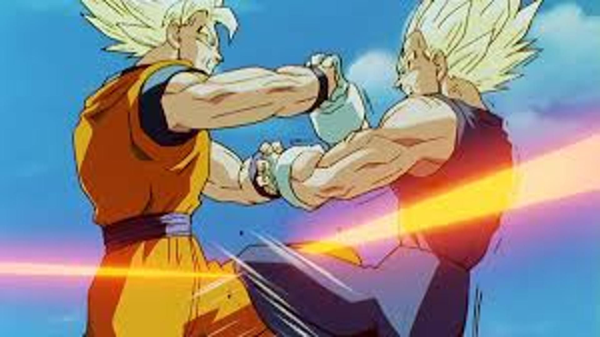 Goku and Vegeta fighting mid air blocking each other's attacks in Dragon Ball Z.