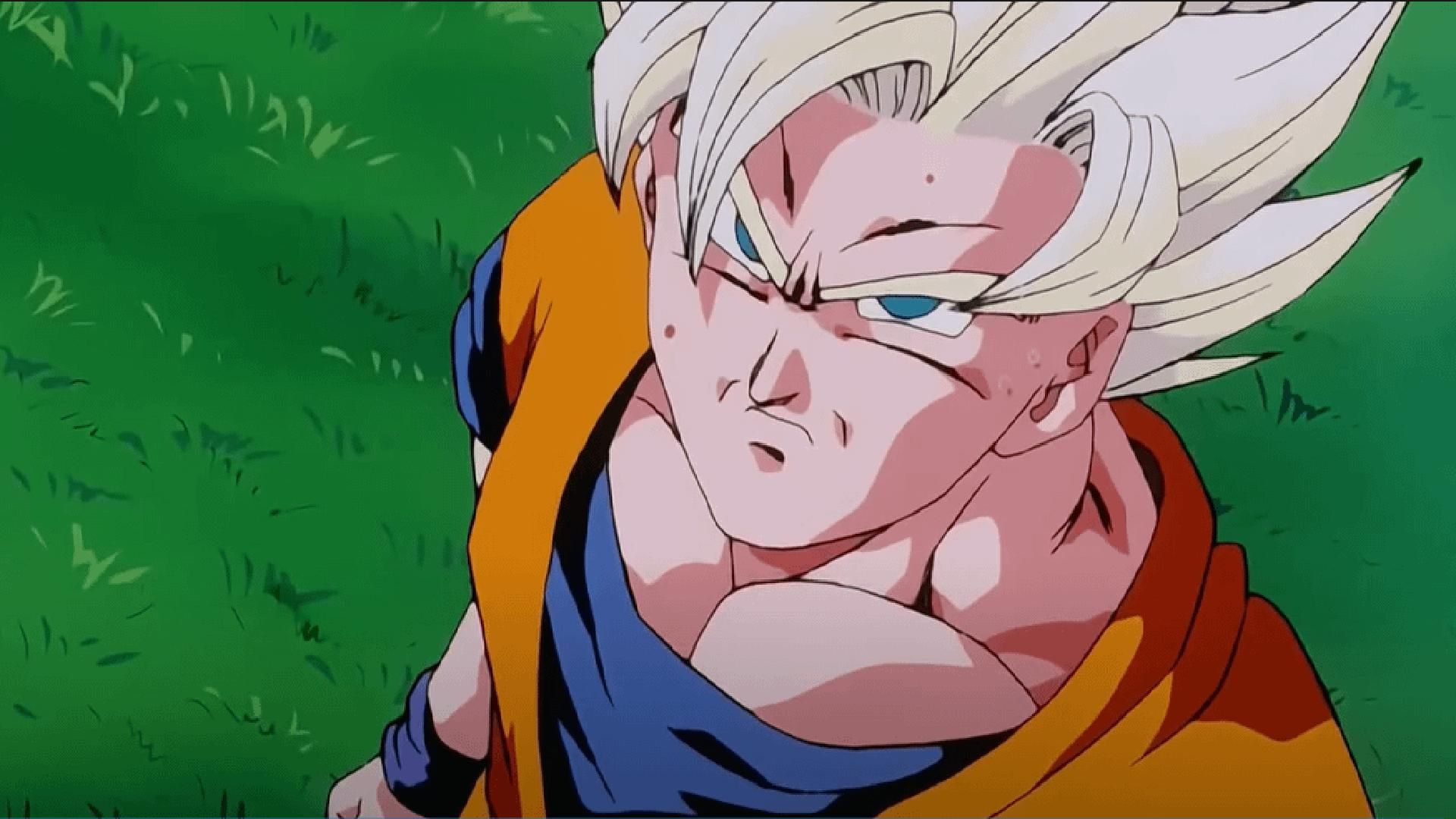 Goku staring seriously in Dragon Ball Z.