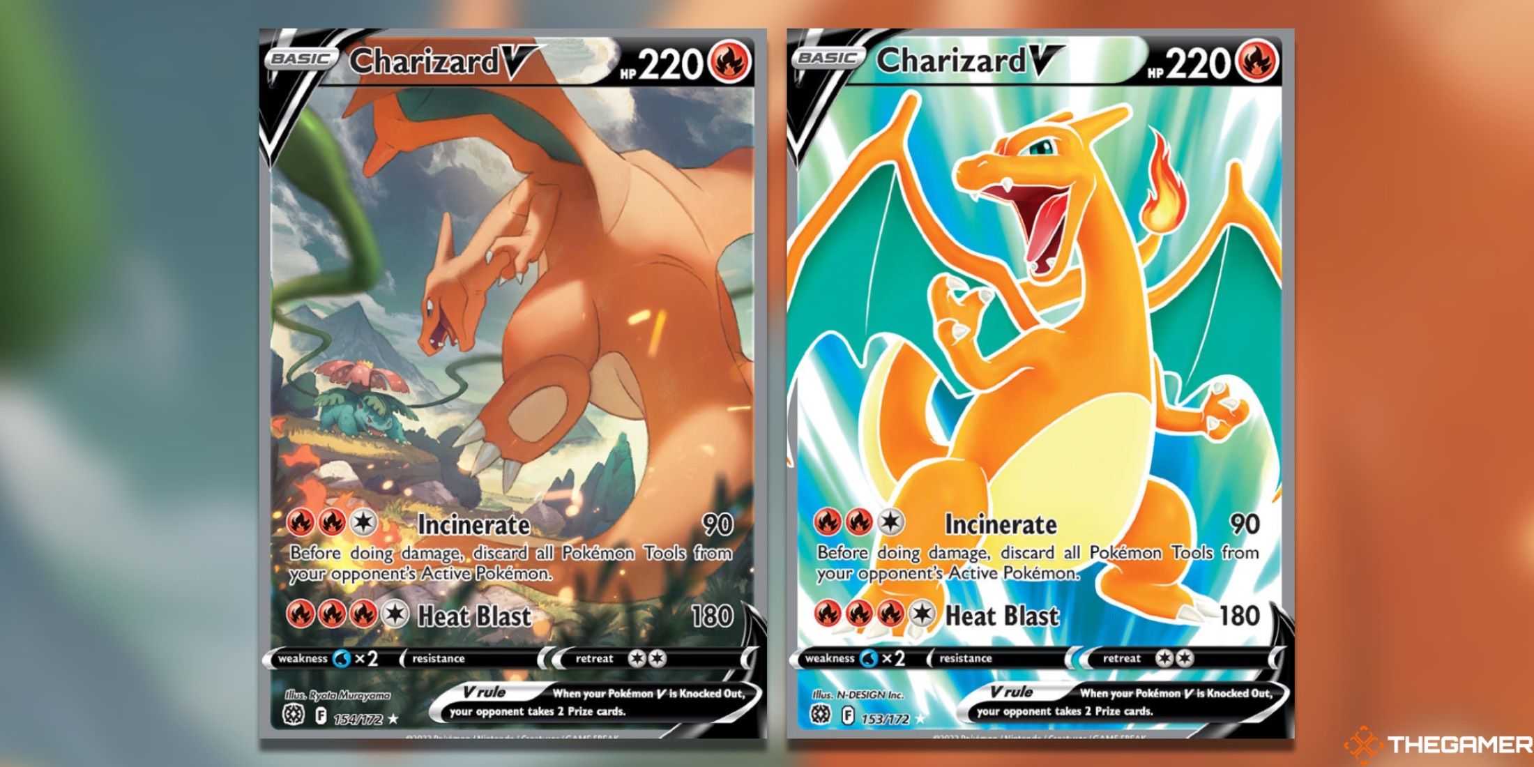 The Charizard V Alt Art and Charizard V Full Art from Brilliant Stars in the Pokemon TCG.