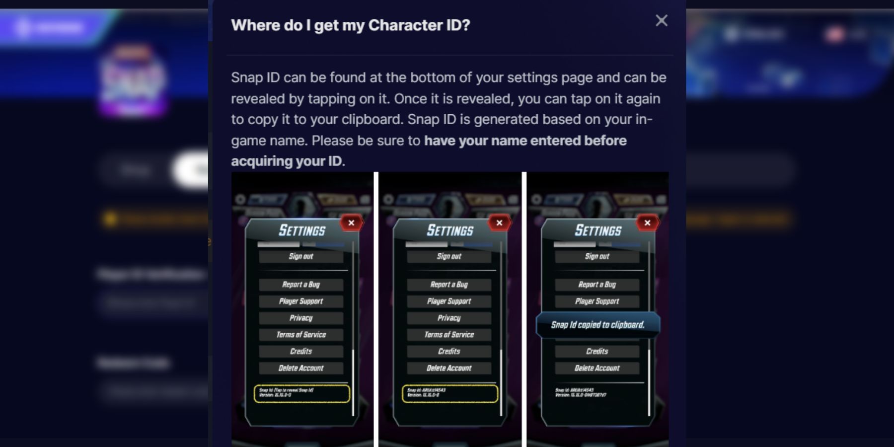 image showing how to check player id in marvel snap.