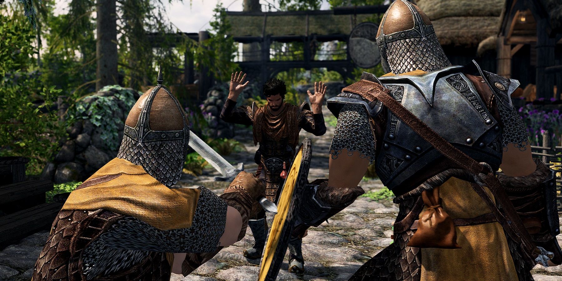 Image from Skyrim showing guards about to arrest an NPC.