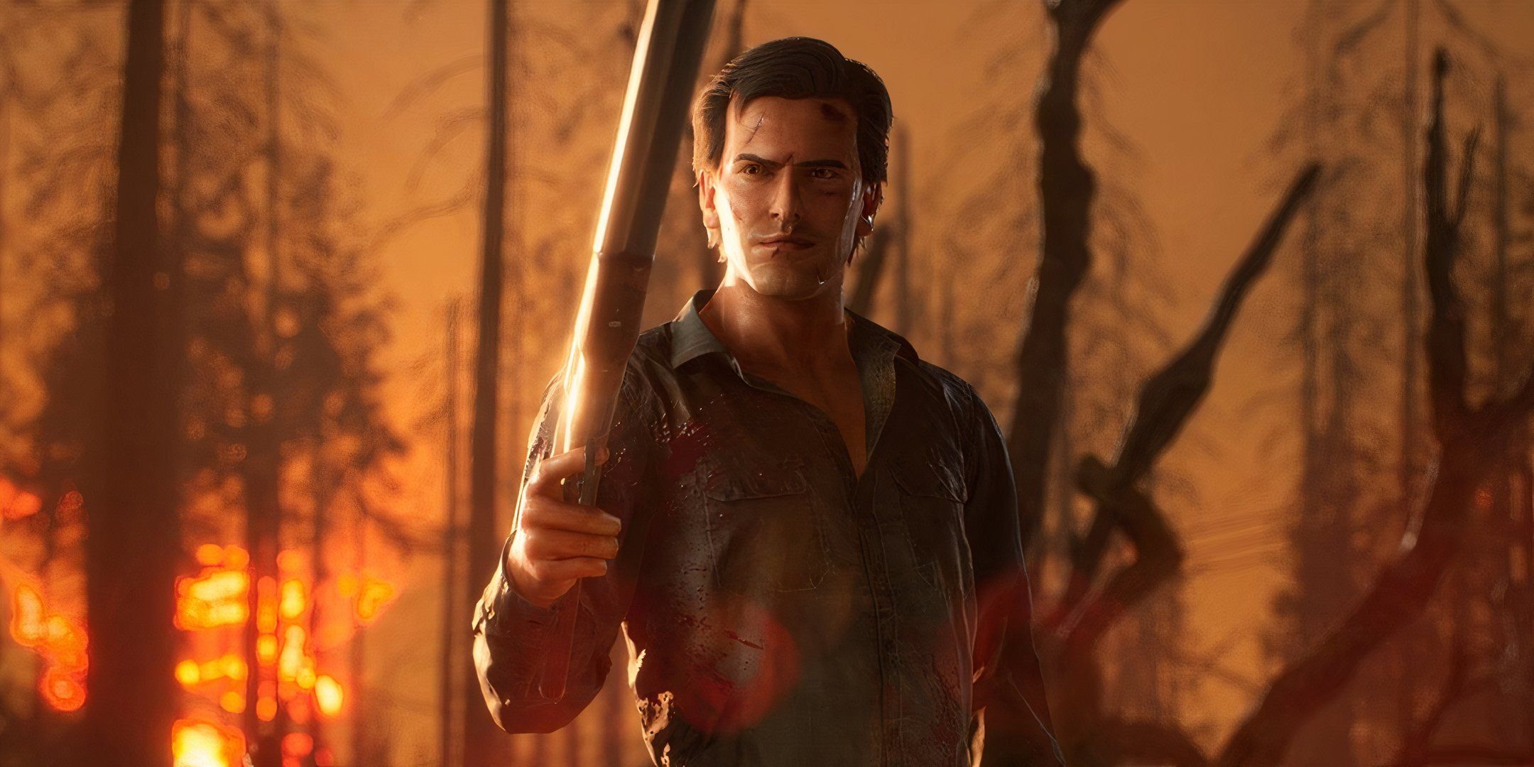 Ash holding his trademark shotgun in Evil Dead The Game.