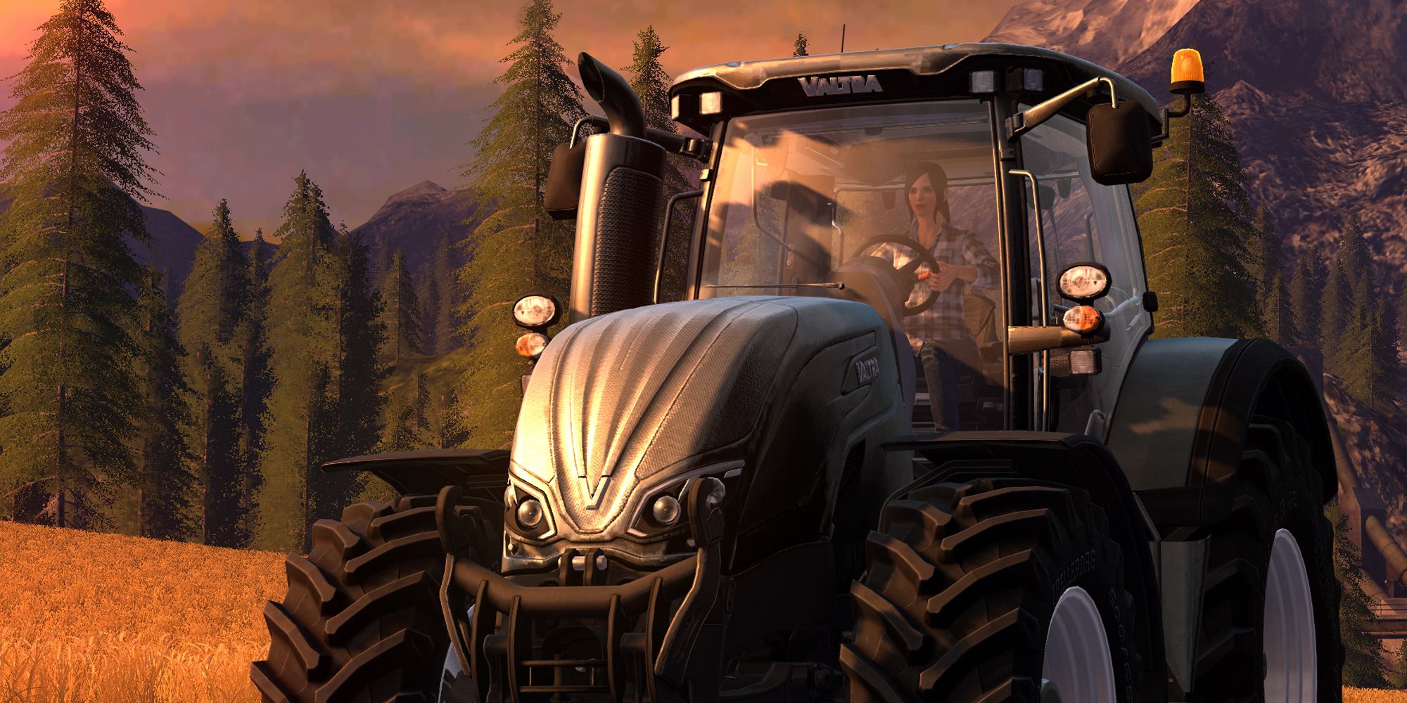 Farming Simulator 17 tractor on a field. Sunset on the horizon in background.