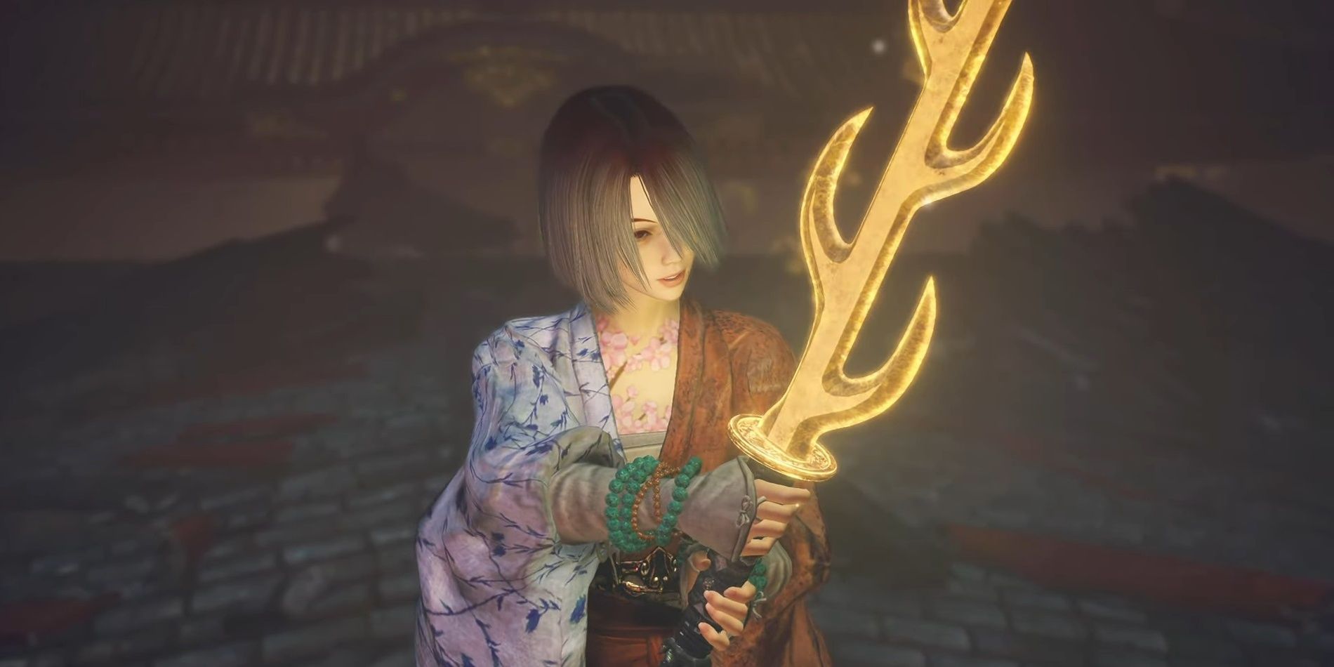 A woman in a kimono holding a glowing, multi-pronged sword in Nioh 2.