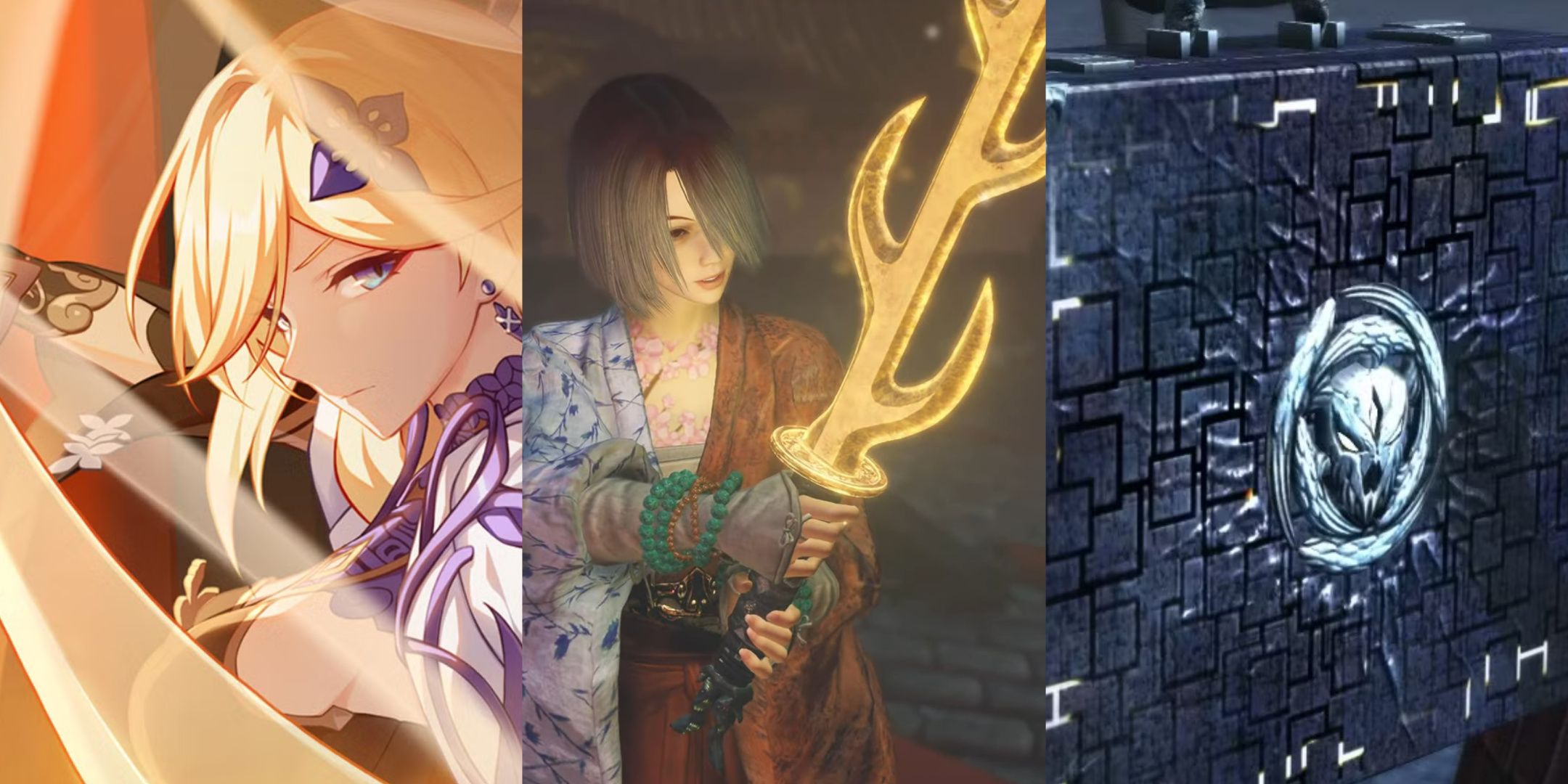 Left to right: Durandal from Honkai Impact 3rd, A woman in a kimono holding the golden seven-pronged blade Sohayamaru in Nioh 2, a close-up the Pandora suit case in Devil May Cry 4.