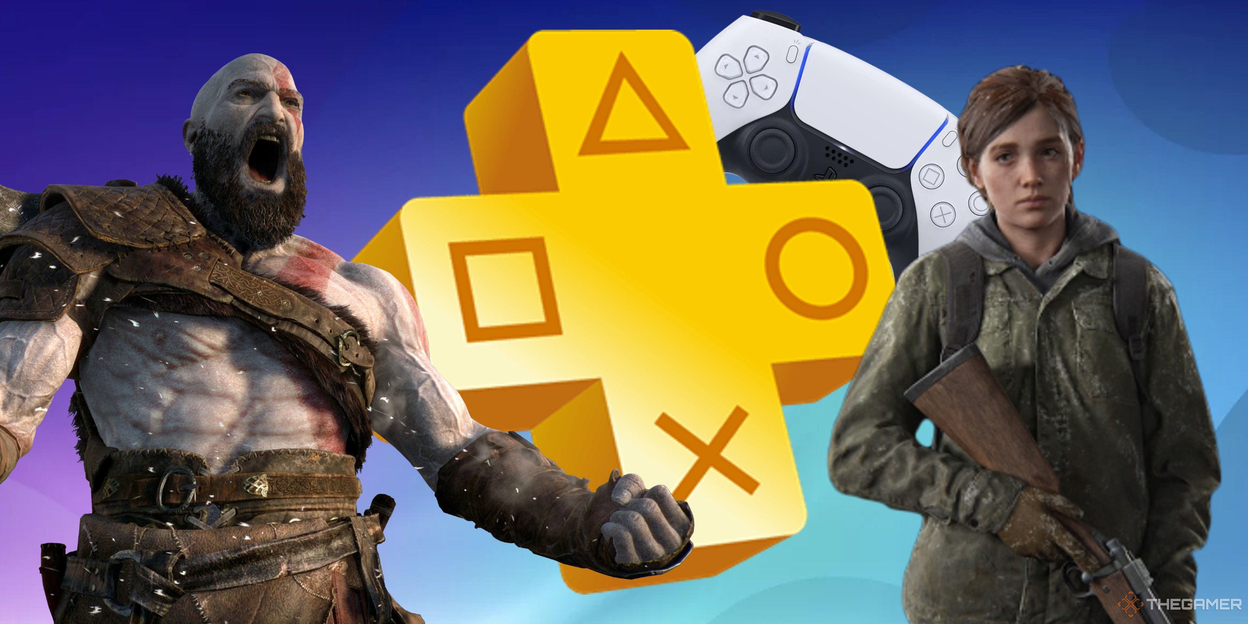 kratos ellie a dualsense and the ps plus logo