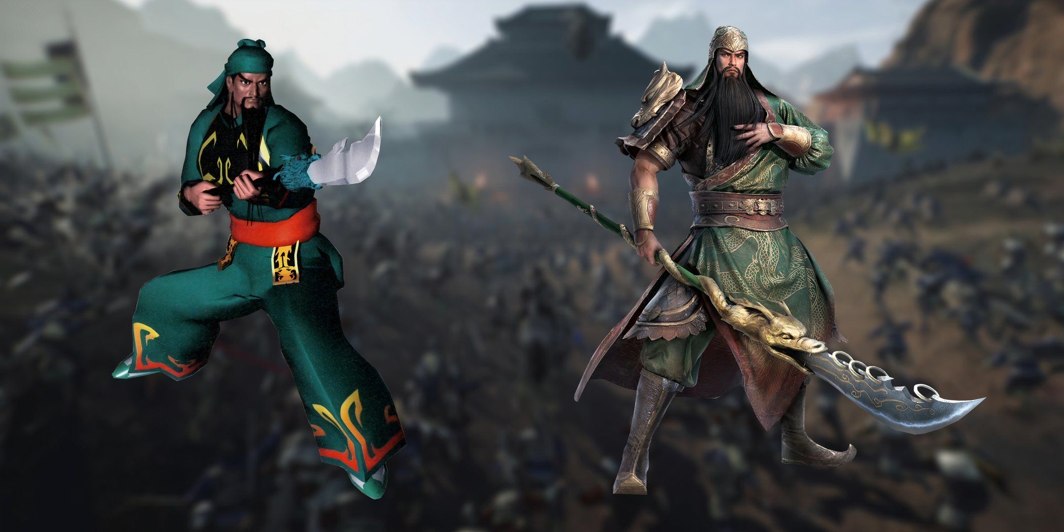 Early rendition of Guan Yu from Dynasty Warriors 1 and the most recent on the right.