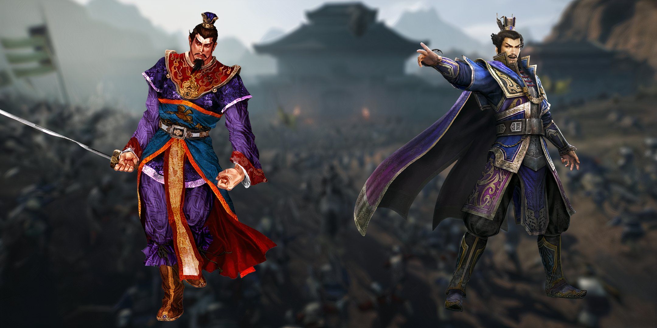 An early rendition of Cao Cao from Dynasty Warriors 2 and the most recent on the right with deeper blue and purple colors.