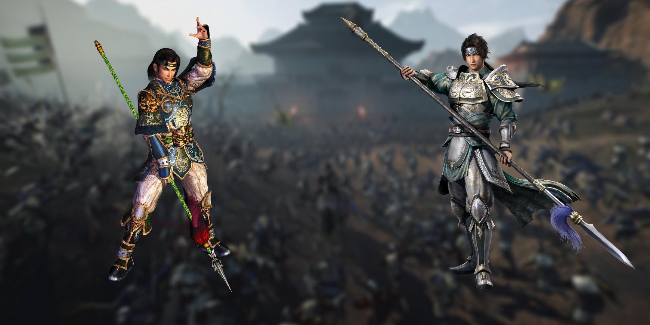 An early version of Zhao Yun from dynasty warriors 3 on the left, the most recent on the right.