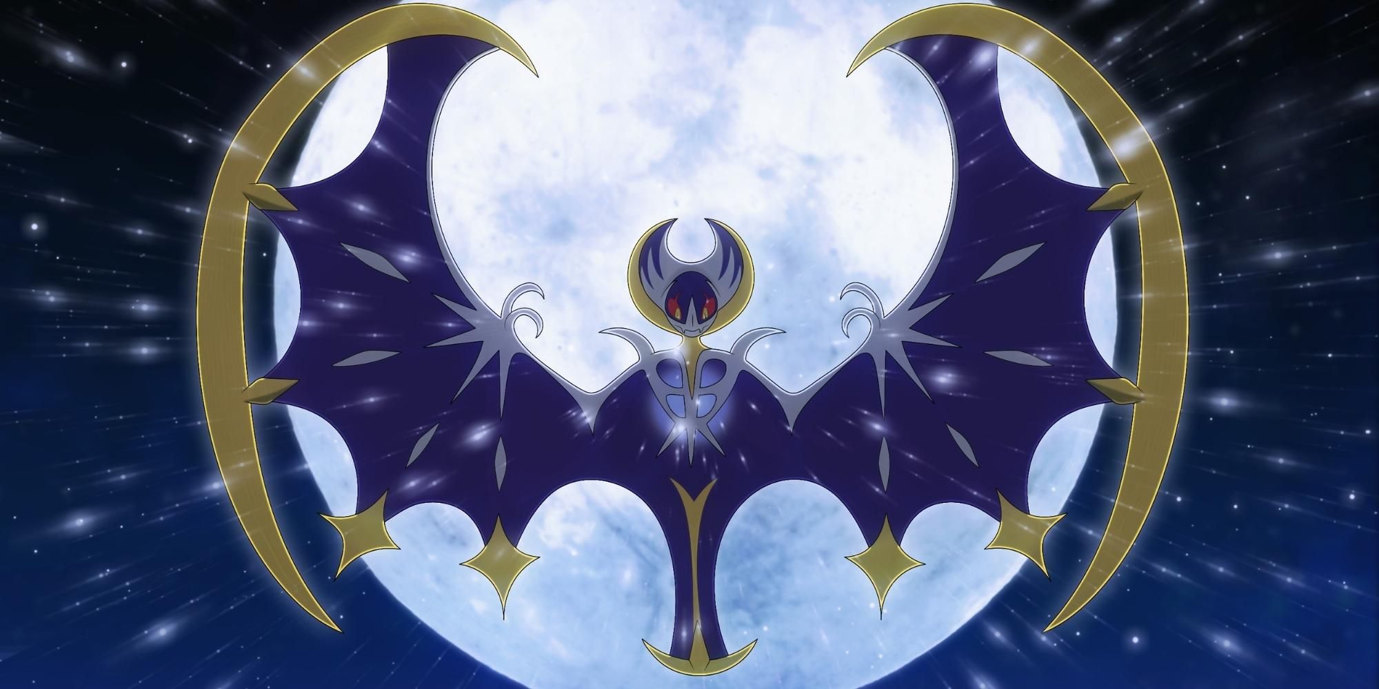 Lunala in Pokemon anime in front of moon