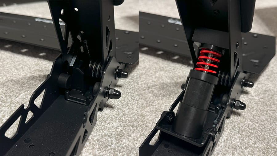 A side-by-side comparison of the Moza R3's break pedal with its upgrade kit