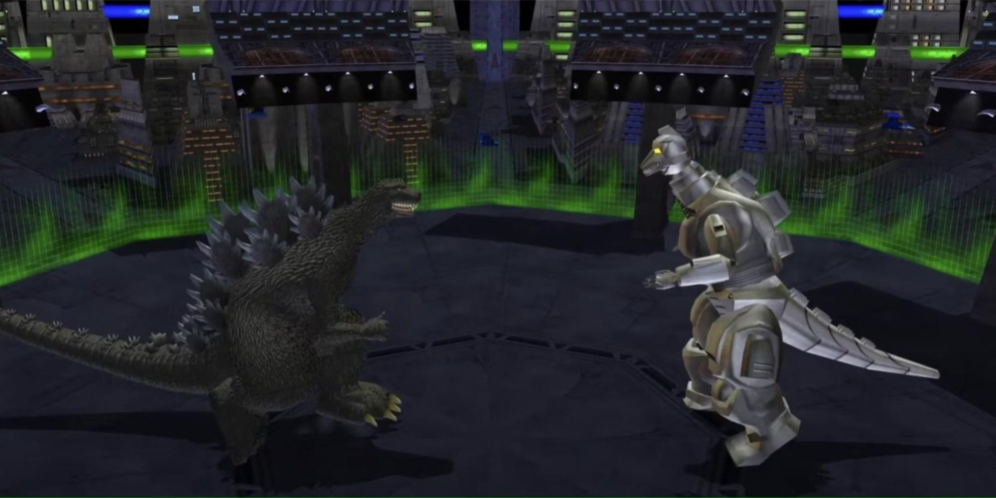 Godzilla and Mechagodzilla Fighting on the mothership in Godzilla: Destroy All Monsters Melee.