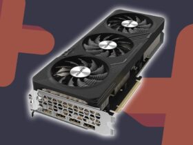 Gigabyte RX 7600 XT graphics card with navy backdrop and orange GamesRadar+ symbols