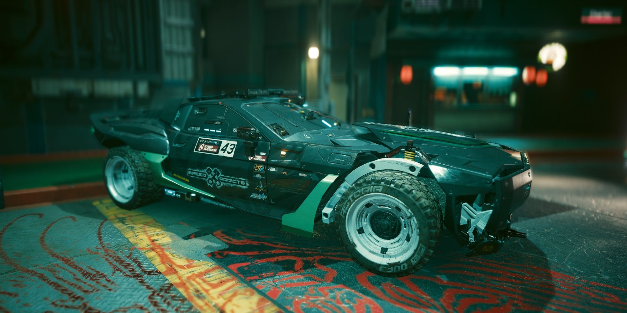 Cyberpunk's Type-66 Hoon lit underneath a street lamp in Cyberpunk 2077.