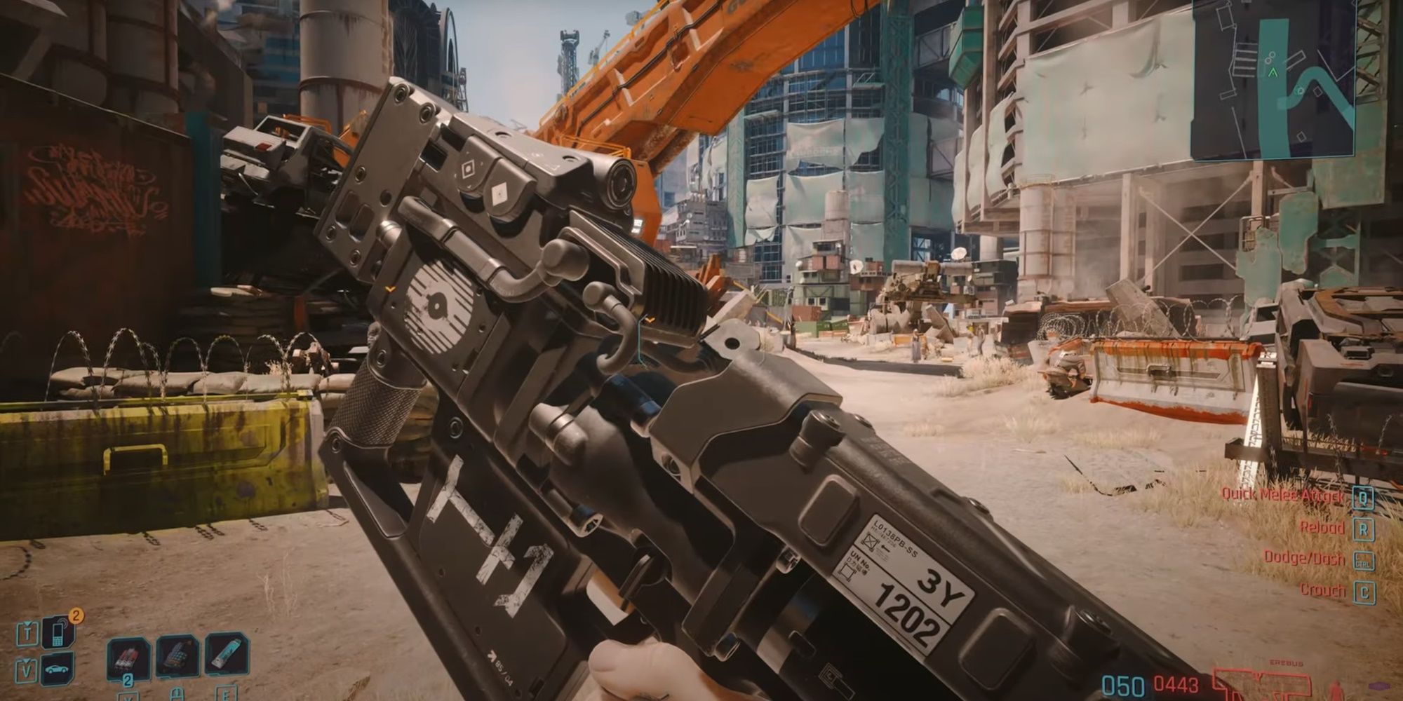 Cyberpunk 2077 Erebus weapon in player's hand.