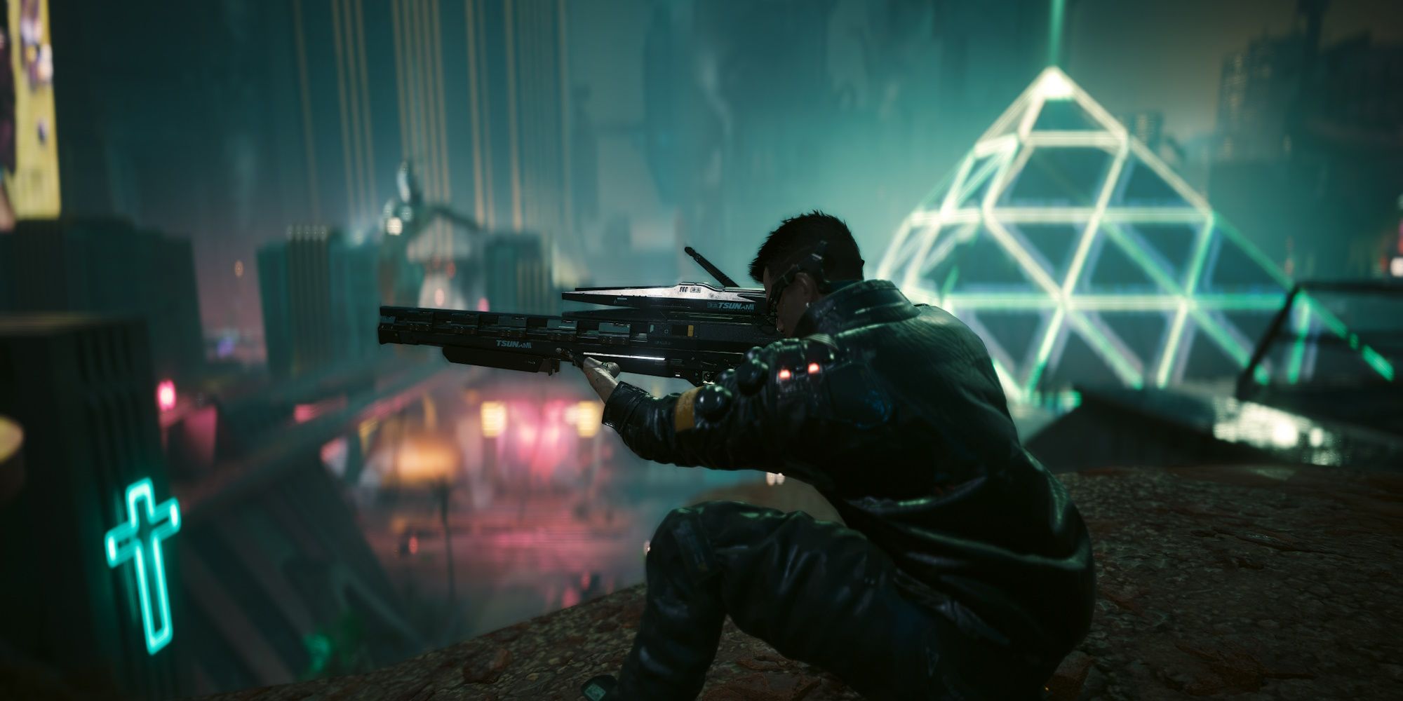 Cyberpunk 2077 - A character firing a Rasetsu in Phantom Liberty's Dogtown.