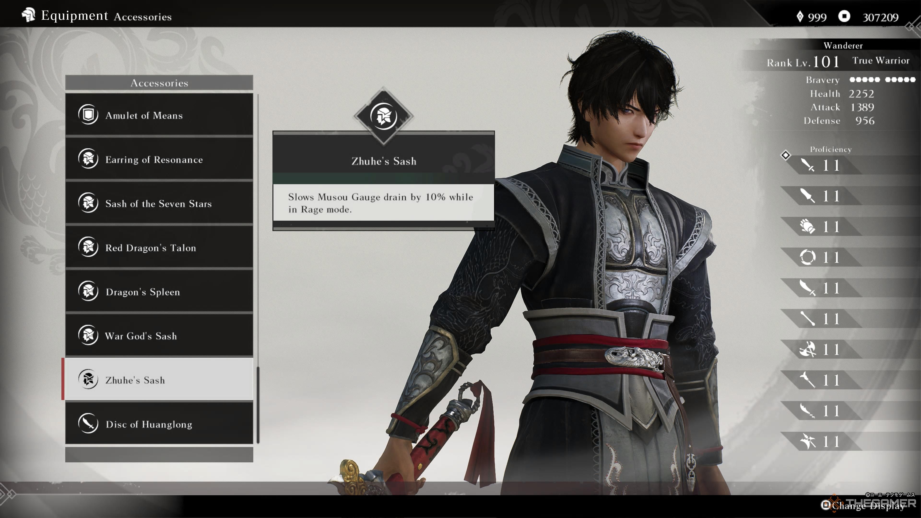 the equipment screen in dynasty warriors: origins with zhuhe's sash highlighted.