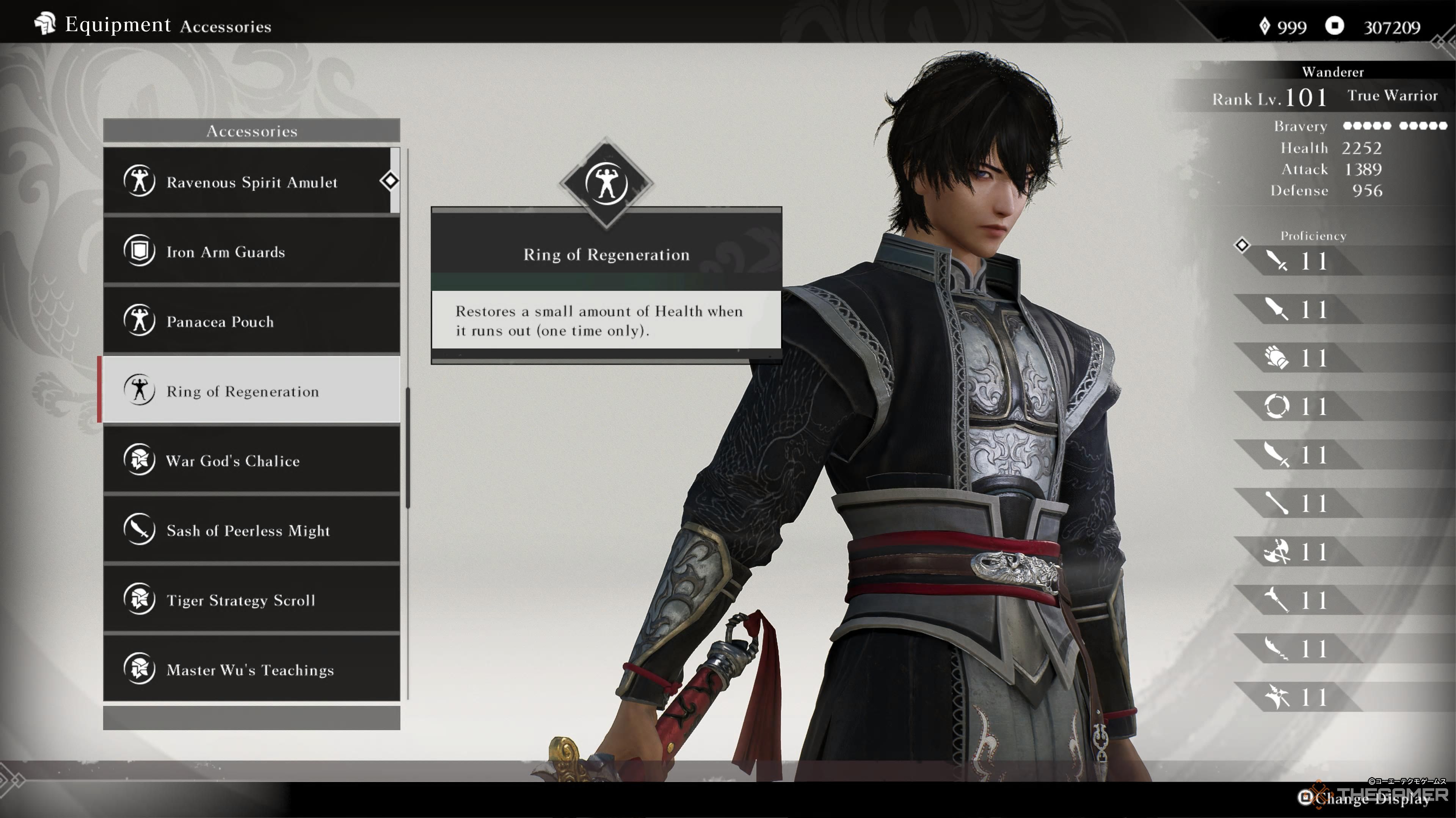 the equipment screen in dynasty warriors: origins with the ring of regeneration highlighted.