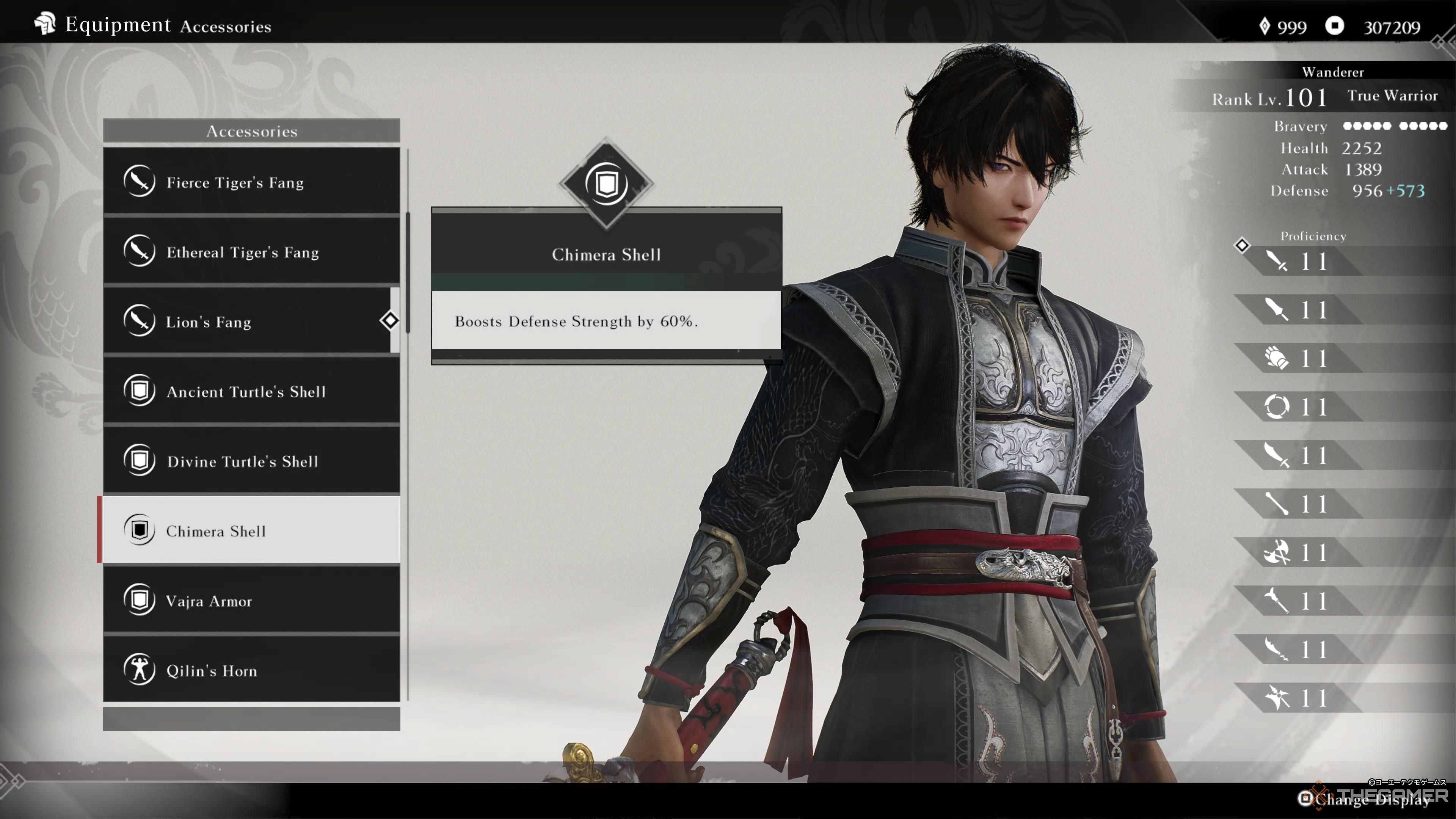 the equipment screen in dynasty warriors: origins with the chimera shell highlighted.