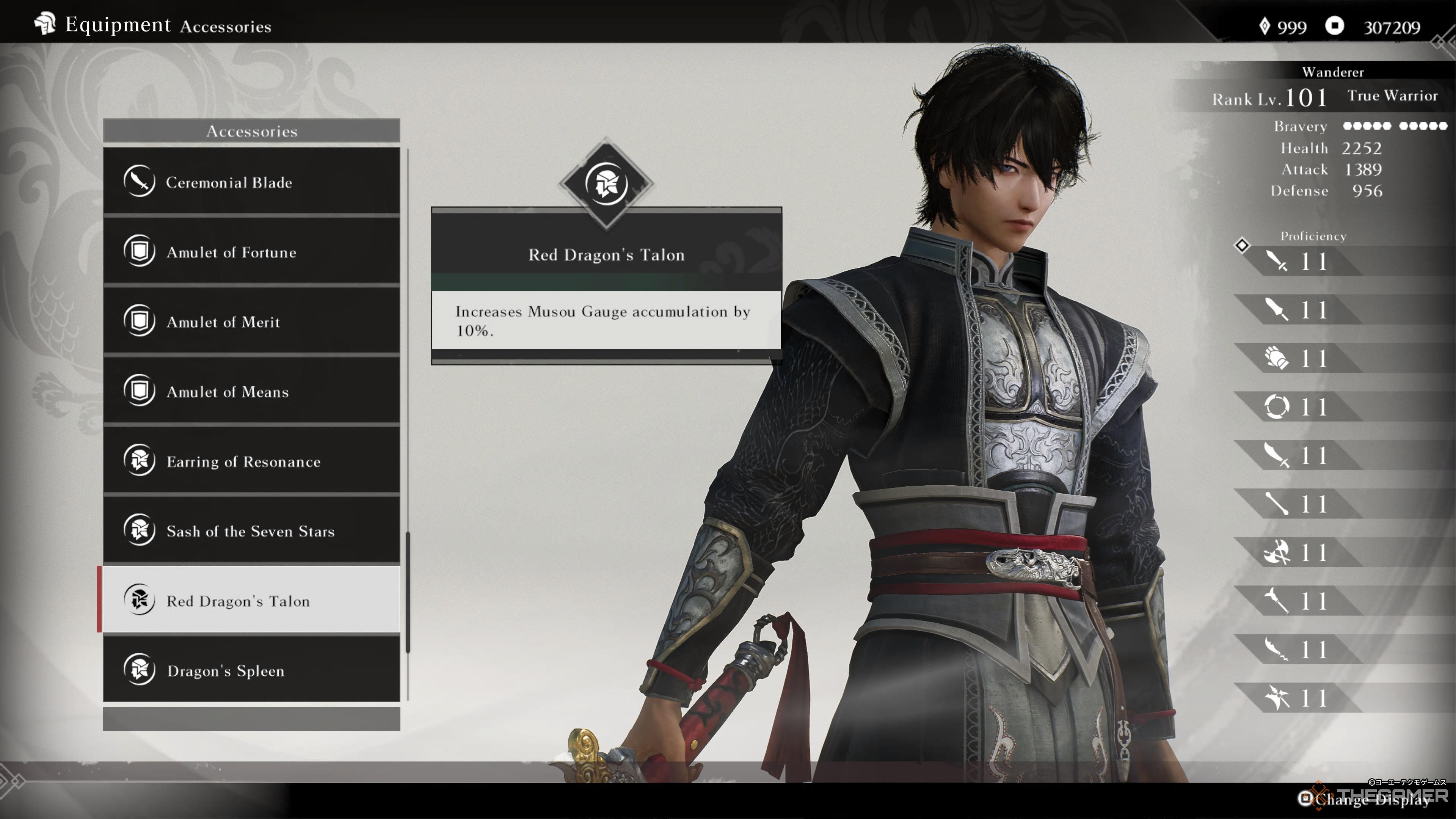 the equipment screen in dynasty warriors: origins with the red dragon talon highlighted.