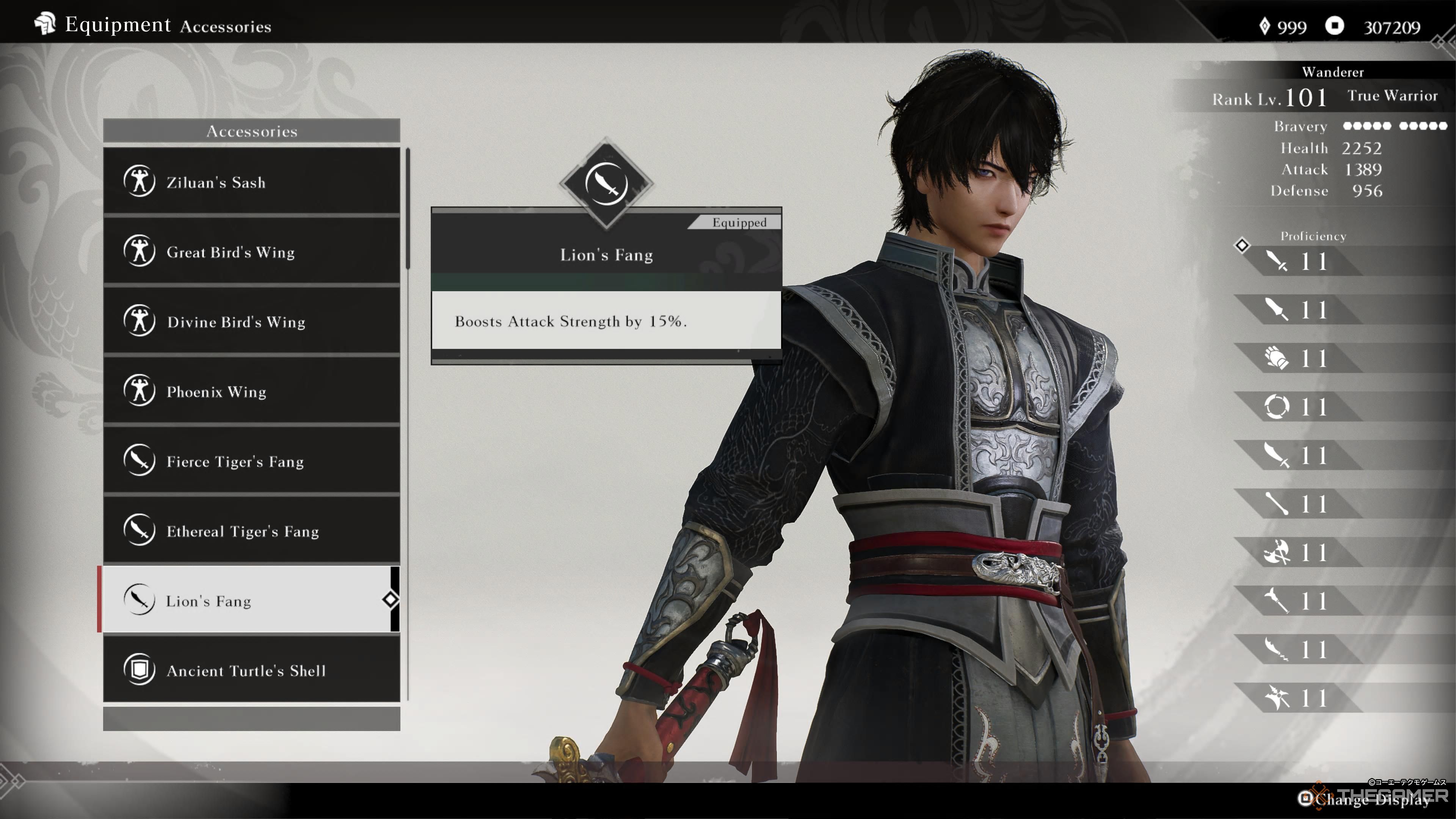 the equipment screen in dynasty warriors: origins with the lion's fang equipped.