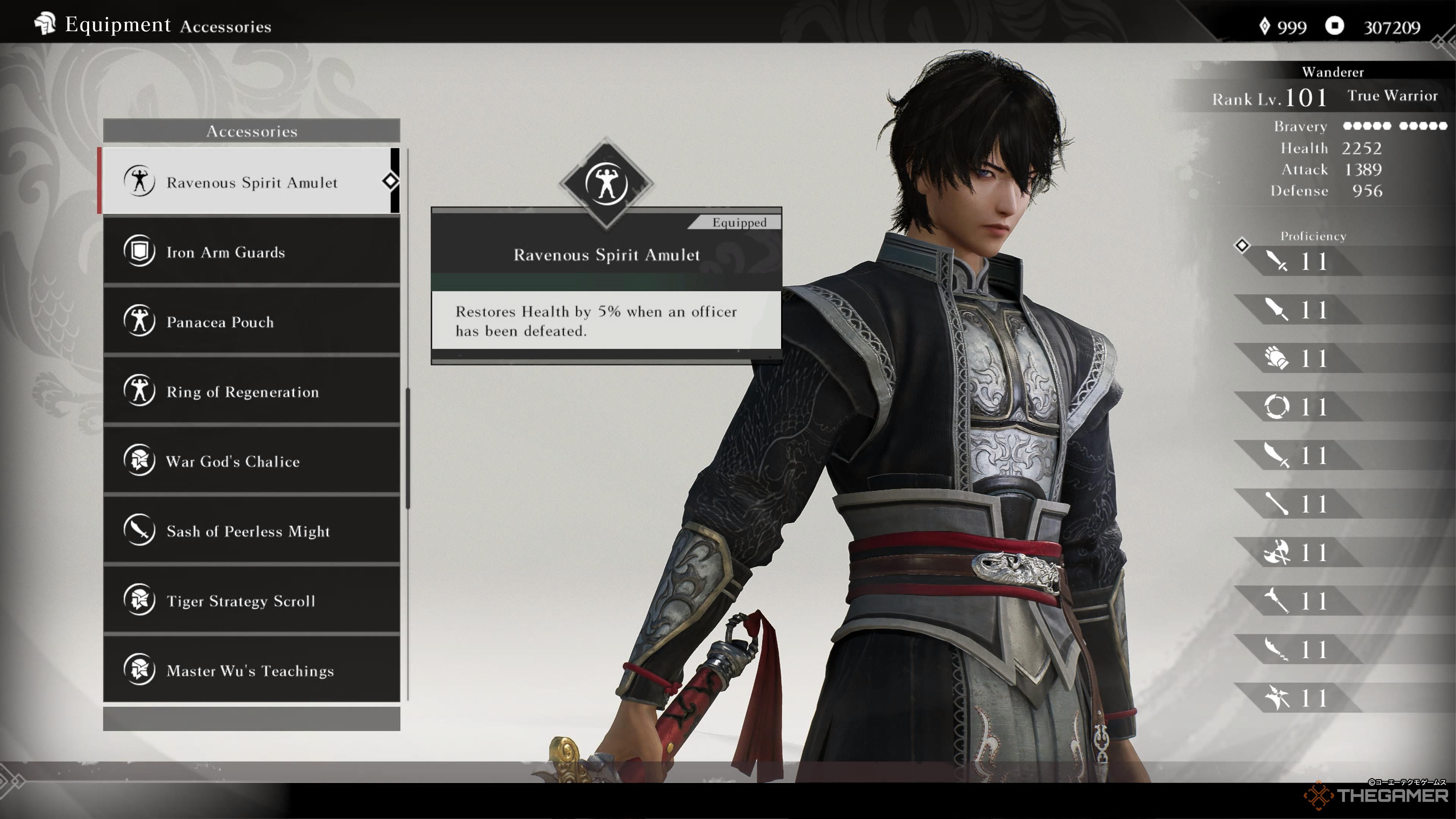 the equipment screen in dynasty warriors: origins with the ravenous spirit amulet highlighted.