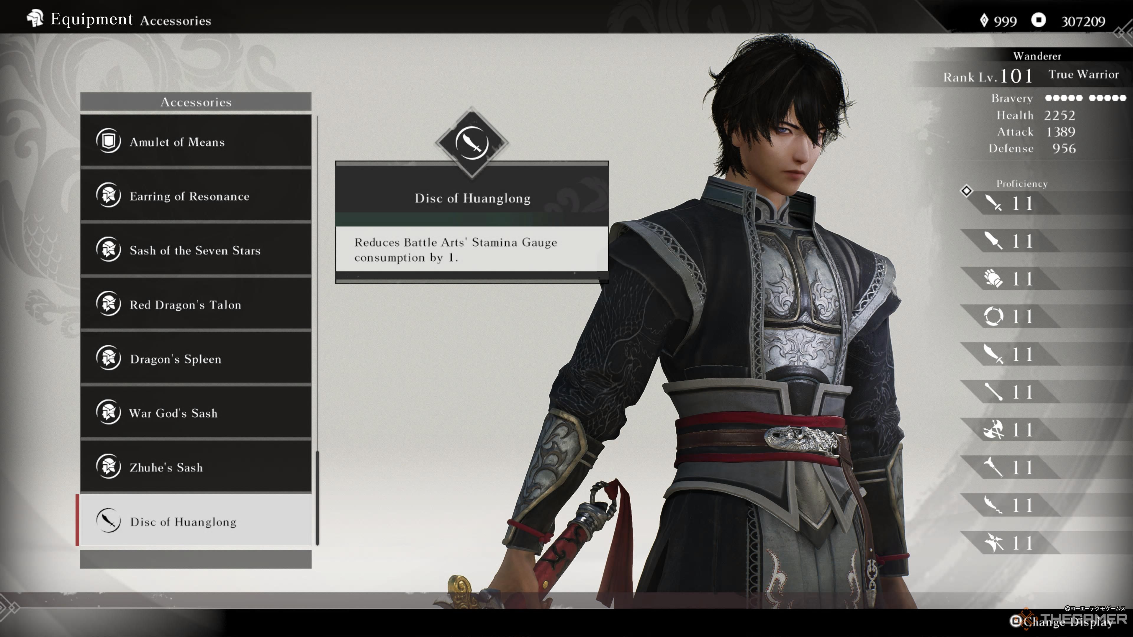 the equipment screen in dynasty warriors: origins with the disc of huanglong highlighted