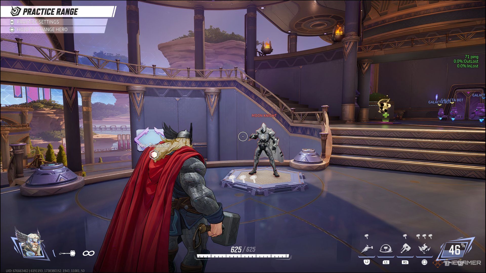 Thor standing in front of Moon Knight in Marvel Rivals' Practice Range.