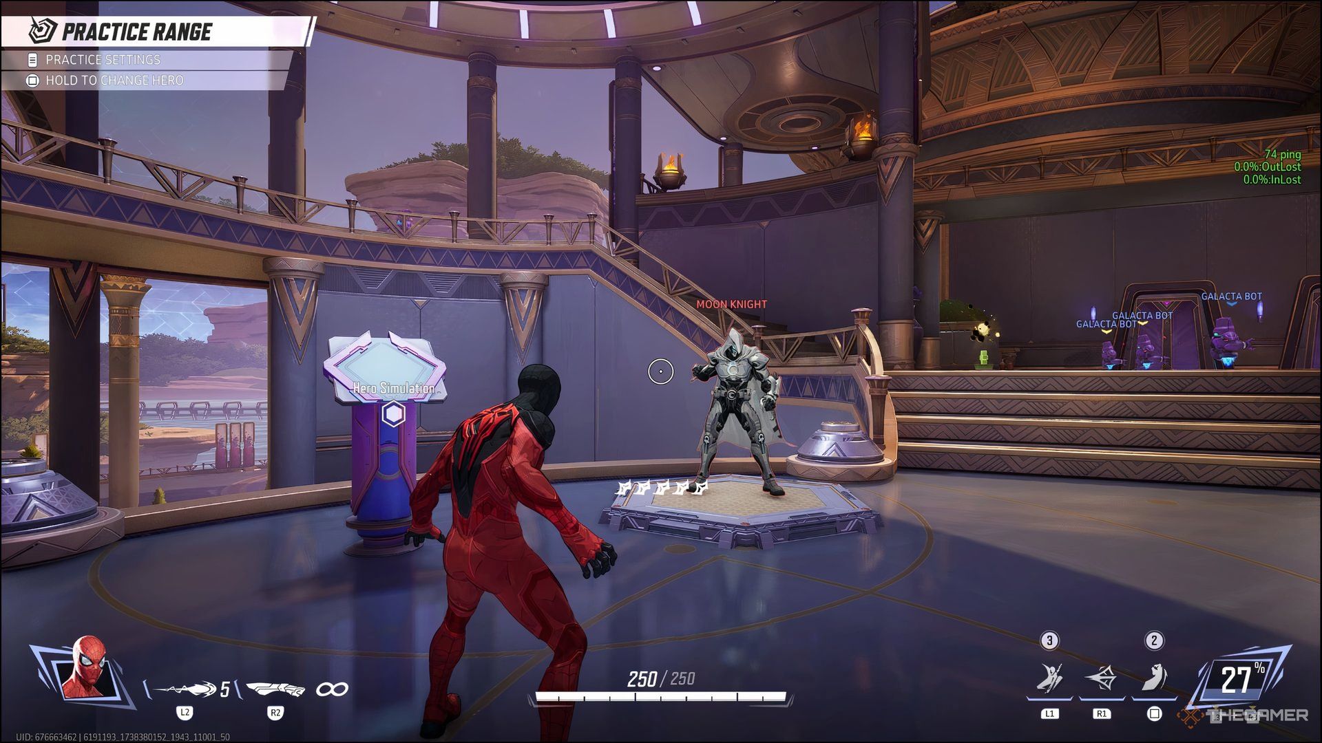 Spider-Man standing in front of Moon Knight in Marvel Rivals' Practice Range.