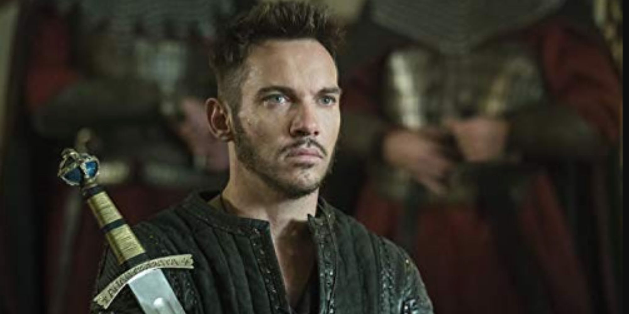 Heahmund with sword in hand kneeling before the altar