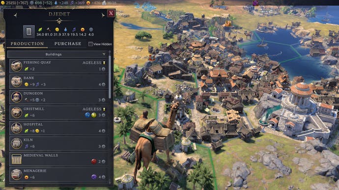 Civilization 7 screenshot showing Djedet city on a lake, with lots of pretty buildings, a giant camel unit, and a construction menu.