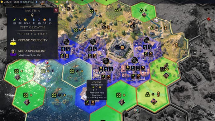 Civilization 7 screenshot showing coastal Bactria City and instructions to expand it by selecting a hex.