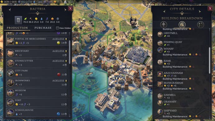 Civilization 7 screenshot centred on colourful Bactria City, with menu panels on either side that list existing and possible buildings.