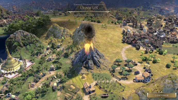 Civilization 7 screenshot showing the volcanic eruption of Ulawun volcano, partly surrounded by farms and plantations on a grassy region