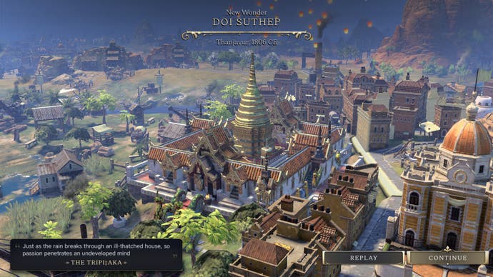 Civilization 7 screenshot showing a close up of Wat Phra That Doi Suthep, the Buddhist temple in Thailand, with a quote from the Tripitaka.