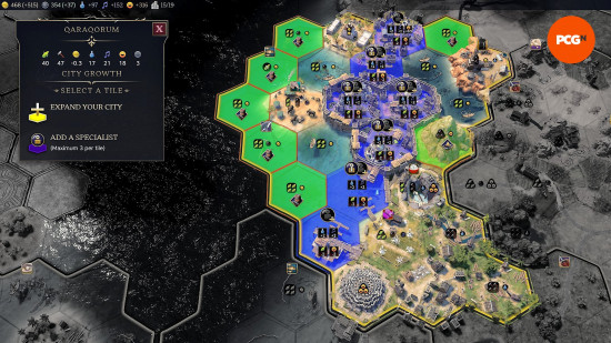 Green and blue tiles showing the option for growing a town, with green tiles increasing population, and blue tiles allowing the player to add Civ 7 specialists.