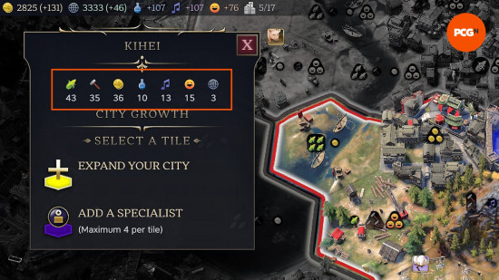 An orange box highlights a town's stats, which should be considered when choosing whether to place Civ 7 specialists.