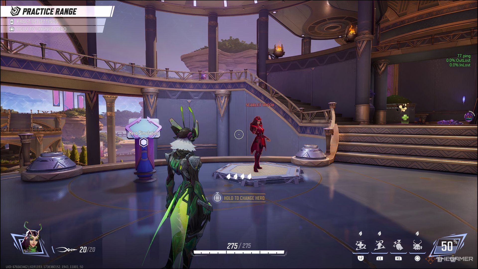 Mantis standing in front of Scarlet Witch in Marvel Rivals' Practice Range.