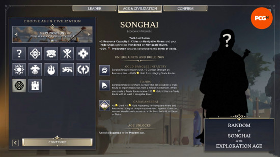 The stats page for Songhai, one of the best Civilization 7 Civs.