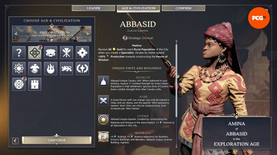 The stats page for Abbasid, one of the best Civilization 7 Civs.