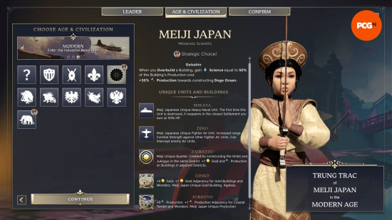 The stats page for Meiji Japan, one of the best Civilization 7 Civs.