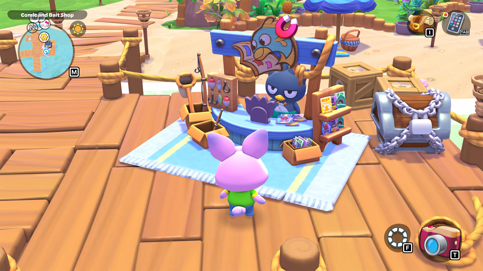 A Hello Kitty Island Adventure player and the NPC called Badtz-maru.