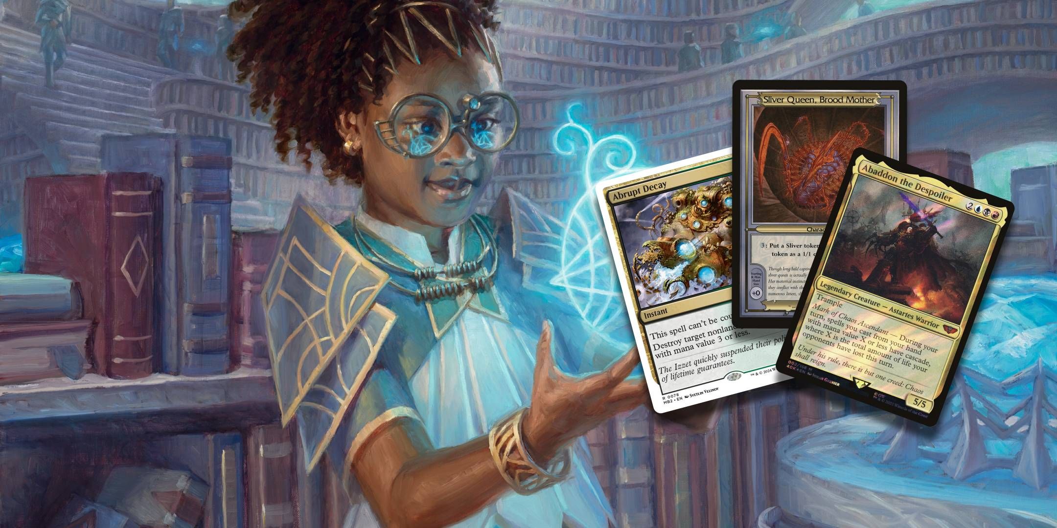 Magic the Gathering character Zimone holding three unique cards.