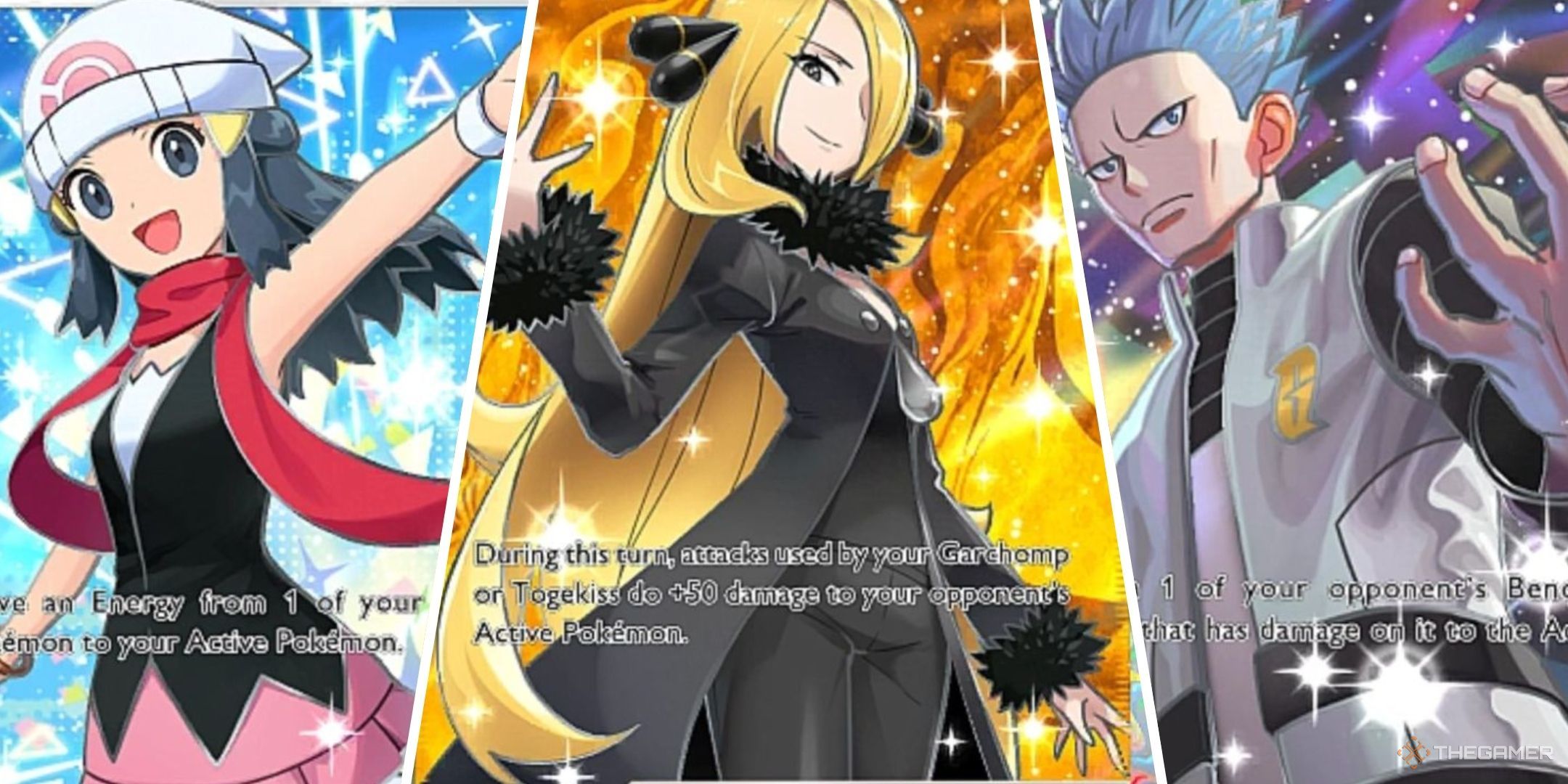 Cynthia, Dawn, and Cyrus from Pokemon Pocket Split Image.